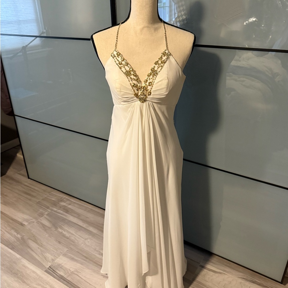 Dave & Johnny White Pleated Halter Gown